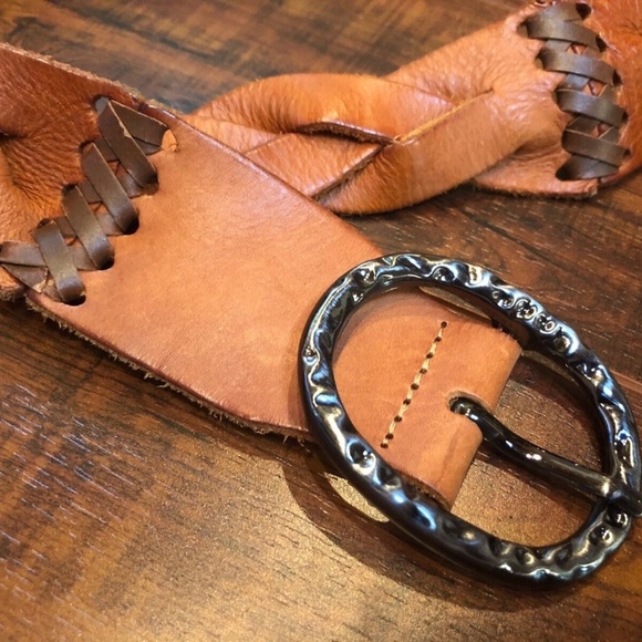 Vintage Bohemian Hippy Distressed Cognac Brown Woven Braided Leather Bel… main image 5